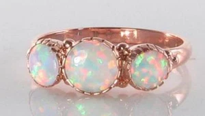 LARGE 9K 9CT ROSE GOLD FIERY OPAL TRILOGY THREE STONE ROUND RING FREE RESIZE - Picture 1 of 5
