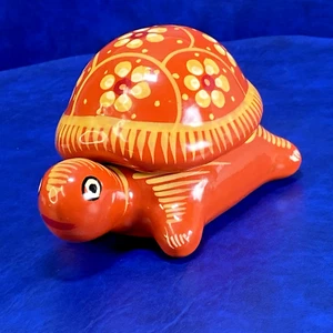 Hand Painted Terra Cotta Covered Trinket Dish Turtle Burnt Orange with Flowers - Picture 1 of 15