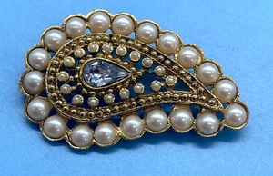 Gold-Tone Brooch/Faux Pearls Small & Large/Faceted Clear Rhinestone/VTG - Picture 1 of 9