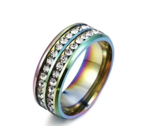 US SELLER STAINLESS STEEL Double Row Crystal Wedding Band Ring Rainbow Size 7 - Picture 1 of 1