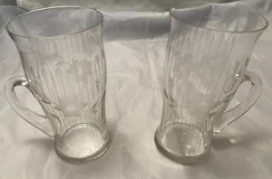 Antique Farm Estate Hand Blown Glass Etched Flowers Two Mugs Whimsy 4.75 Inches - Picture 1 of 11