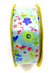 Offray Field of Flowers Ribbon,Blue Multi-Color,Polyester,7/8"x9ft. - Picture 1 of 2
