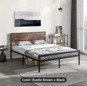 King Bed Frame Industrial Metal Platform Bed with Headboard and Footboard - Picture 1 of 7