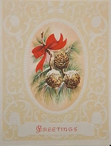 Vintage Christmas Card Pine Cones Red Bow Embossed Holiday Greetings Oval Frame - Picture 1 of 3