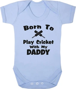 Born To Play Cricket With My Daddy Soft Pale Blue Cotton Baby Bodysuit Vest - Picture 1 of 1