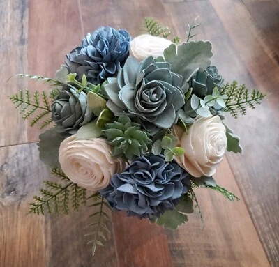 Dusty Blue Sage Bridal Bouquet Hydrangea Succulent Sola Wood Wedding Flowers - Image 1 of 4