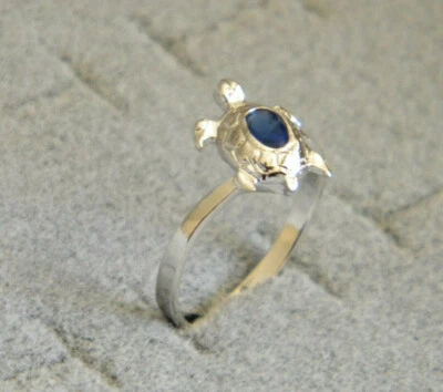 Lady's Girl's Silver Plated Turtle Ring Round Blue Sapphire CZ Size 7.25 New - Image 1 of 4