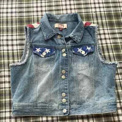 Vintage LEI American Flag Denim Vest Patriotic USA Stars Junior Size Medium - Image 1 of 4