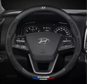 15" PU Leather+Carbon fiber Steering Wheel Cover For 1992-2024 Hyundai All Cars - Picture 1 of 13