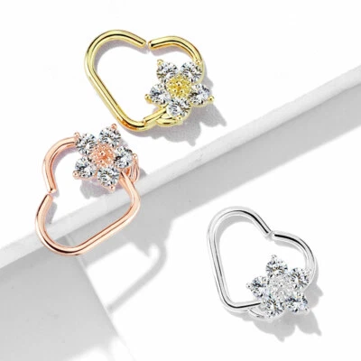 Gold Flower CZ Heart Ear Cartilage Tragus Rook Snug Daith Hoop Rings Piercing - Image 1 of 4