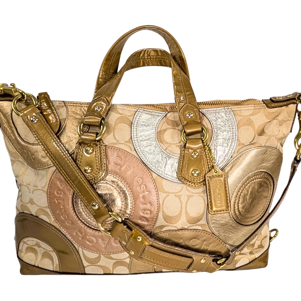 Coach Ashley Patchwork Metallic Canvas Jacquard Patent Leather Tote F15474 - Image 1 of 4