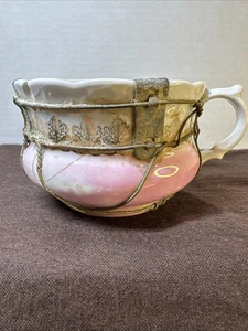 Antique Victorian Shaving Scuttle Mug Pink Glaze Make Do Repair 19th Century - Picture 1 of 23