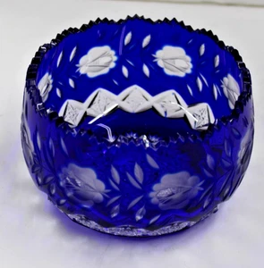 Vintage Rare Cobalt Blue Cut to Clear Crystal Bowl Vase Czech Bohemian 4.5” - Picture 1 of 4