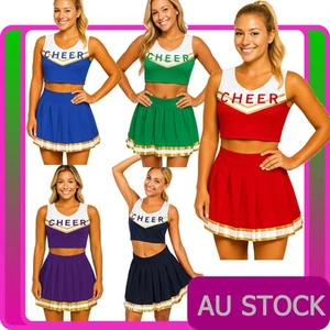 Ladies Cheerleader Uniform School Girl Costume Green Purple Blue Red Fancy Dress - Picture 1 of 12