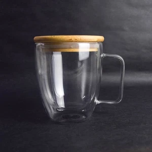 Klar Doppelwandig Glas Kaffeebecher Teetasse mit Holz Bambus Deckel Top - Bild 1 von 10
