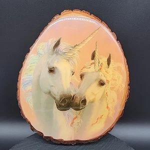 VTG Unicorn Wall Hanging Decoupage Picture Wood Slice Mythical Magic Fantasy - Picture 1 of 10
