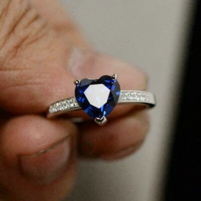 3 Ct Heart Cut Simulated Blue Sapphire Engagement Ring Gift 14K White Gold Over - Image 1 of 4