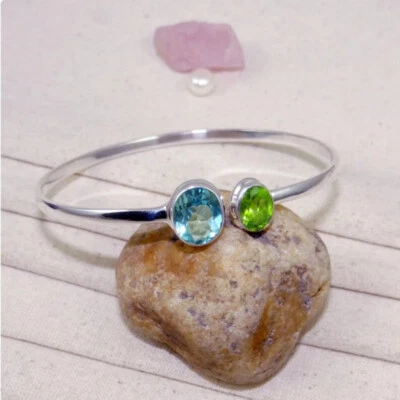 Blue Topaz, Peridot Gemstone 925 Sterling Silver Handmade Bracelet Cuff S-38 - Image 1 of 4