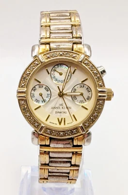 Anne Klein Diamond Two Tone Watch Keeps Time/Date/Day/Month WR 100ft New Battery - Image 1 of 4
