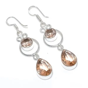 Morganite Gemstone Handmade 925 Sterling Silver Jewelry Earrings Size 2" - Picture 1 of 1