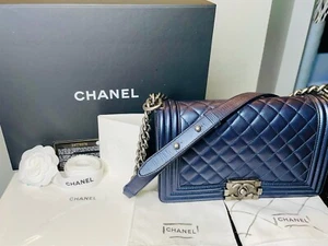 GORGEOUS Chanel Boy (RHW) Caviar Medium Blue W/ Metallic Hue (complete Set) - Picture 1 of 14