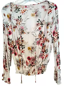 Timing Top Floral Boho Tied V-Neck Elastic Hem and Sleeve Cuffs Floral EUC Sz XL - Picture 1 of 10