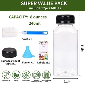 12pcs 8oz Plastic Juice Bottles with Black Tamper Evident Caps Reusable Clear... - Picture 1 of 6