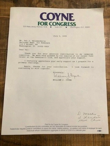 1 ORIGINAL Letter to Val Halamandaris/NAHC Fm: William Coyne / Rep. From PA Cover