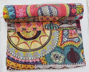 Twin Size Indian Traditional Cotton Kantha Quilt Throw Vintage Blanket Bedsprea - Picture 1 of 4