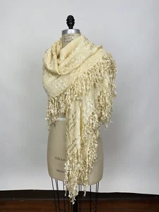 Antique 1910s Cream Silk Bias Shawl Mantle Cape with Feathered Fringe  As Is - Picture 1 of 7