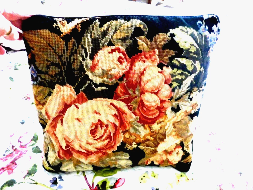 VERY PRETTY VINTAGE SHABBY CHIC NEEDLEPOINT CUSHION VELVET BACK - Image 1 of 3