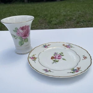 Bavaria Schumann Germany Wild Rose Vase & Havilands Chantilly France Plate - Picture 1 of 13
