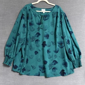 Ava Viv Top 4X Green Blue Floral Tassel Boho Peasant Popover Plus Career Breezy - Picture 1 of 8
