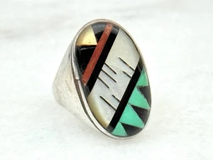 Herren Zuni Indianer Türkis Multi Stein Silber Inlay Ring Größe 10,75 - Bild 1 von 4