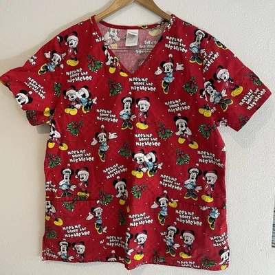 Disney Mickey Minnie Mouse Scrub Top Christmas Womens Size Large Red mistletoe - Image 1 of 4