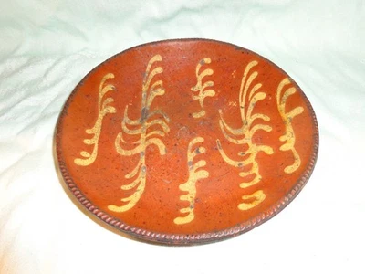Antiguo plato Redware decorado amarillo deslizante Pennsylvania del siglo XIX, 9" Foto 1 de 4