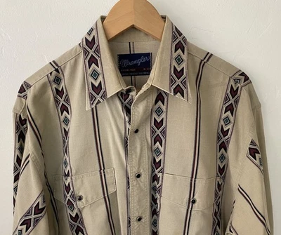 VINTAGE Wrangler Shirt 16-34 Beige Tan Aztec Pearl Snap Cowboy Rancher 90s - Image 1 of 4