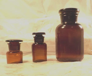 Vintage Lot of 3 Amber Brown Medicine Bottles Apothecary Medical W/Glass Lids - Picture 1 of 21