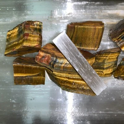 GOLD/BLUE TIGER EYE ROUGH, CHARGED 2000 CARAT LOT+A FREE SELENITE CHARGING STICK