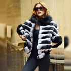 Women Chinchilla Real Rex Rabbit Fur Coat Overcoat Short Jacket Fox Fur Collar