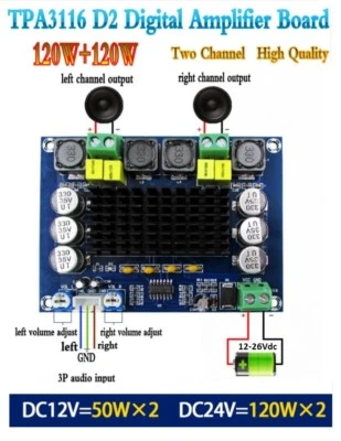 AMPLIFICATORE DIGITALE 2X120W 12-26Vdc MODULO TPA3116D2 XH-M543 - Immagine 1 di 4