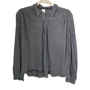 Free People Women’s Sz M Gray Rush Hour Oversized Linen Blend Cropped Top Shirt - Picture 1 of 8
