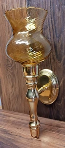 Vintage Amber Swirl Glass Shade Sconce Wall Brass Candle Stick Holder India - Picture 1 of 12