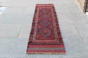 Vintage Hand Made Afghan Mushvani Oriental Red Blue Wool Narrow Runner 249x61cm - Picture 1 of 13