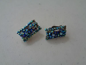 Blue Sparkly Rhinestones Clip Earrings (Missing Stones) Vintage Parts Repair - Zdjęcie 1 z 5