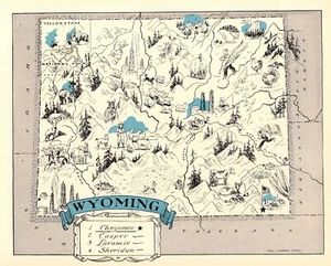 1930s Antique WYOMING State Map RARE Animated Picture Map of Wyoming BLU 383 - Picture 1 of 3