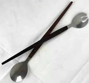 Set servizio insalata vintage MCM legno teak acciaio inox forchetta cucchiaio Giappone 13" anni 50 A - Foto 1 di 10