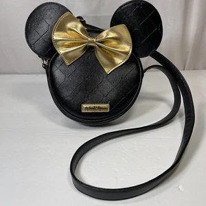 Minnie Mouse Girls 14 & Up Round Black Vinyl Purse Gold Bow Accent Preowned - Picture 1 of 10
