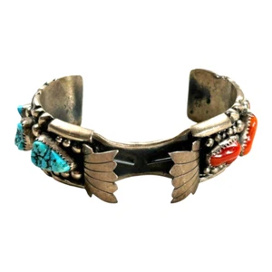 Vintage Native American Navajo Men's Sterling Silver Turquoise Coral Watch Band - Picture 1 of 6
