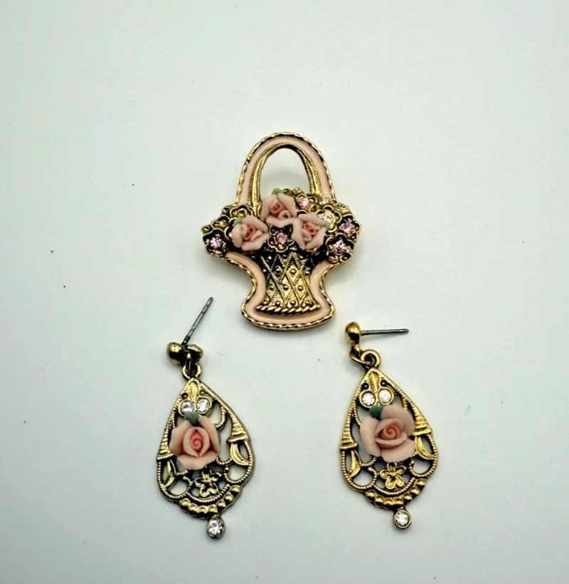 Vintage 1928 Pink Rose Basket Brooch & Filigree Dangle Earrings Set Gold Tone - Image 1 of 4